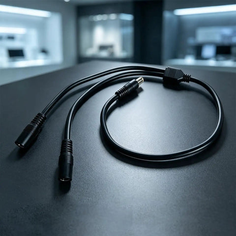 Slick Black Y Splitter Charging Extension Cable With Tangle Free Layout For Hassle Free Device Sync And Ultra Clean Cable Management Perfect For Tight Quarters Installations Plus Smart Short Throw Design Keeps Your Rig Looking Sharp, showcasing black 14AWG cable with dual connectors.