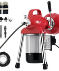 Heavy Duty Electric Drain Snake With Seamless Auto Feed Cable And Beefy 500 Watt Motor That Knocks Out Stubborn Pipe Clogs While Clearing Blocked Sinks And Showers Quick, showing red machine with accessories.