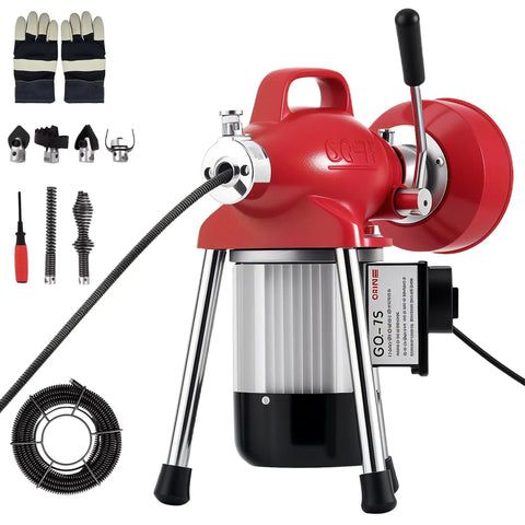 Heavy Duty Electric Drain Snake With Seamless Auto Feed Cable And Beefy 500 Watt Motor That Knocks Out Stubborn Pipe Clogs While Clearing Blocked Sinks And Showers Quick, showing red machine with accessories.