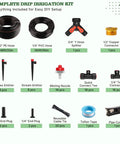 Image of a 230-Foot All-In-One Drip Irrigation Kit With One Half Inch And One Quarter Inch Quick Connect Tubing, 32 Adjustable Emitters