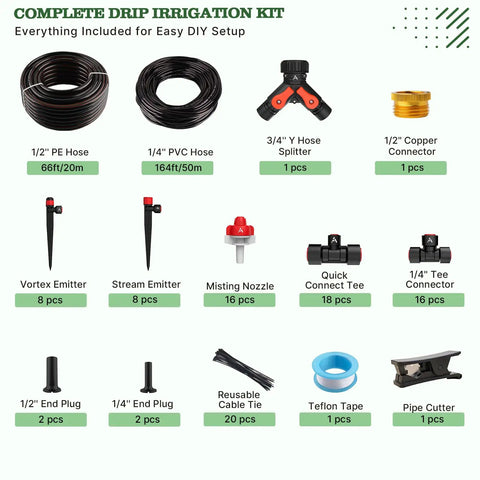 Image of a 230-Foot All-In-One Drip Irrigation Kit With One Half Inch And One Quarter Inch Quick Connect Tubing, 32 Adjustable Emitters