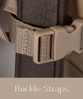 Close-up of buckle straps on Ultima Square Ottoman Cover Heavy Duty 600D Polyester Weather Resistant With Drawcord Hem And Buckle Straps Keeps Outdoor Ottomans And Small Accent Tables Safe Tough-As-Nails Protection 24W X 24D X 18H Ripstop Tan