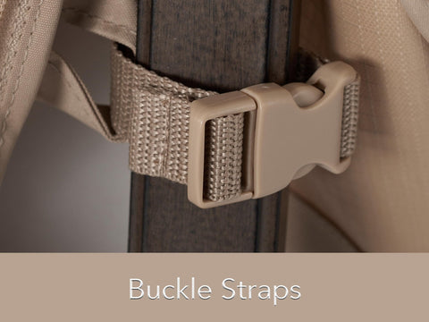 Close-up of buckle straps on Ultima Square Ottoman Cover Heavy Duty 600D Polyester Weather Resistant With Drawcord Hem And Buckle Straps Keeps Outdoor Ottomans And Small Accent Tables Safe Tough-As-Nails Protection 24W X 24D X 18H Ripstop Tan