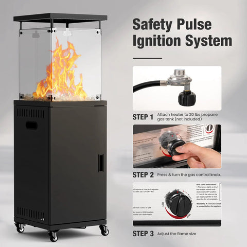 41,000 BTU Propane Patio Heater with lockable wheels, safety pulse ignition system, showing flame inside glass enclosure.