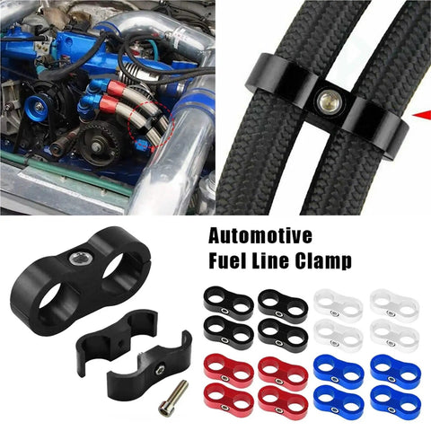 Top Tier 12 Piece Billet Aluminum Fuel Line Clamp Set With AN4 AN6 AN8 AN10 AN12 Hose Separators And Wire Kits For Serious Street Rides And Drag Racing Builds That Need Reliable Grip And Smooth Style., black dual hose fuel line clamp with braided lines and assorted anodized fittings