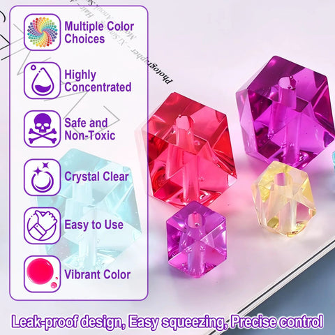 Front view of epoxy resin pigment set; translucent crystal gems in pink, purple, blue, and yellow; 6 ml bottles, Amazon brand