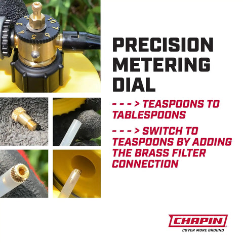 Close-up of precision metering dial on 32 Ounce Lawn And Garden Sprayer With Anti Siphon Valve And Adjustable Nozzle Universal Hose End Connection Sprays Up To 320 Gallons Per Fill For Plants Weeds Insects And Fertilizers Made In USA, showing teaspoon to tablespoon settings.