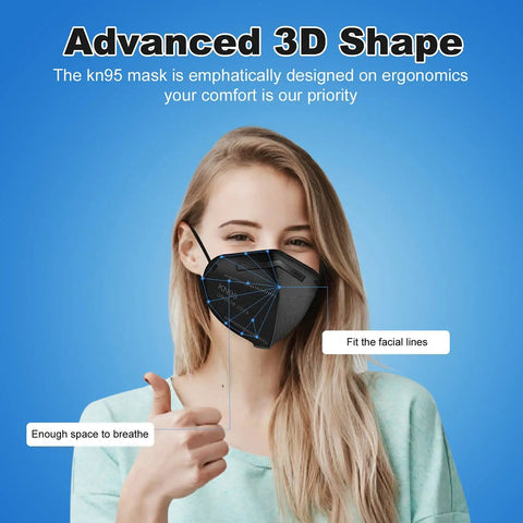 Person wearing KN95 Face Masks 60 Pack Five Layer Cup Design Dust Masks With 95 Percent Filtration Lightweight Breathable 3D Fit
