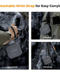 10 Pocket Hard Shell Lens Filter Case With Hand Strap Waterproof, shown handheld, hanging on bag, and tripod