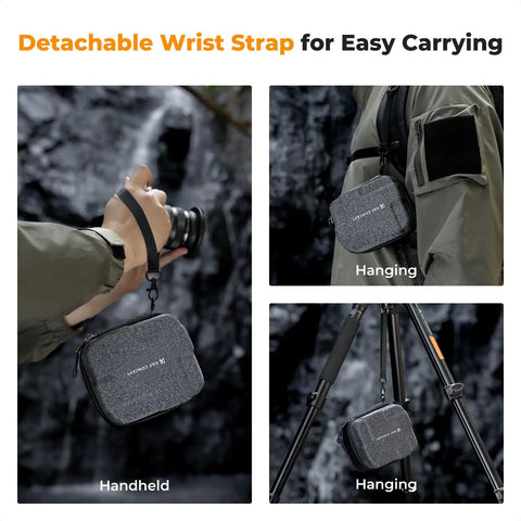 10 Pocket Hard Shell Lens Filter Case With Hand Strap Waterproof, shown handheld, hanging on bag, and tripod