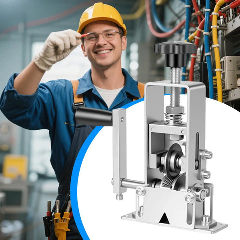 Manual Hand Crank Wire Stripping Machine For Scrap Copper Recycling Adjustable Cable Cutter Tool Efficient Electric Drill Mode detail with a worker in a workshop.