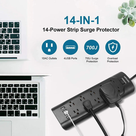 Two Prong To Three Prong Power Strip With 6 Ft Extension Cord, 700J Surge Protector, 10 AC Outlets And 4 USB Ports, Black on desk