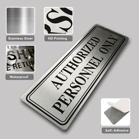 Genuine Stainless Steel Authorized Personnel Only Sign 3 By 9 Inches Heavy Duty Metal Warning Plaque Waterproof For Factories And Secure Gates Built Tough As Nails with HD printing and waterproof finish.