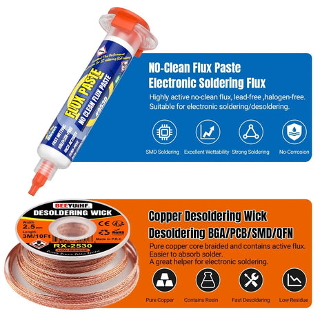 No Mess No Clean Soldering Flux Paste 9530 In A 10cc Syringe Plus 3M Desoldering Wick Braid Ten Feet Long Two Point Five Millimeter Electronics Soldering Repairs Cleaning Kit For Quick Joint Cleanups image with flux syringe and copper braid