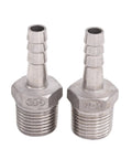 Pair of stainless steel 3/8 in hose barb to 1/2 in NPT male pipe fittings