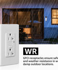 Top Shelf 20 Pack Of 20 Amp Gfci Outlets Featuring Built Tough Weather Resistant Housings And Quick Self Test Triggers For No Drama Outdoor Ground Fault Protection With Wallplates And Screws Included, installed outdoors during rain.