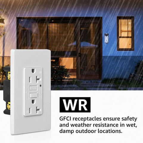 Top Shelf 20 Pack Of 20 Amp Gfci Outlets Featuring Built Tough Weather Resistant Housings And Quick Self Test Triggers For No Drama Outdoor Ground Fault Protection With Wallplates And Screws Included, installed outdoors during rain.