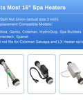 Diagram showing compatibility of 2 Inch Spa Heater Split Nut Unions With Screw O Rings Replacement for various spa heater models