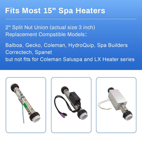 Diagram showing compatibility of 2 Inch Spa Heater Split Nut Unions With Screw O Rings Replacement for various spa heater models