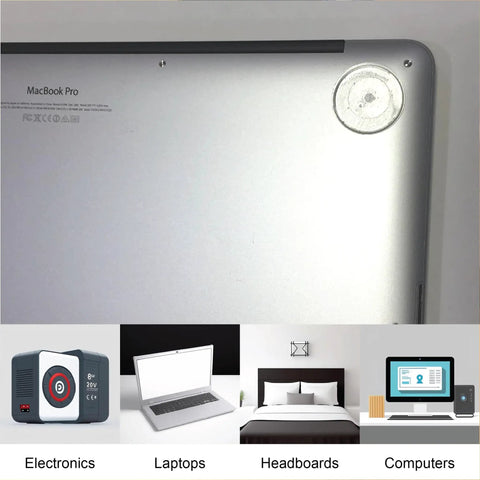 Round Clear Adhesive Bumpers Combo Large And Medium Self Stick Rubber Pads For Glass Table Tops Furniture Laptops And Mirrors Protect Your Stuff 20 Pcs Transparent, shown on a laptop.