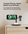 MagSafe Compatible 3 In 1 Wireless Charging Station For iPhone 17 Series, Apple Watch And AirPods With Qi2 15W Fast Charge, docked on table