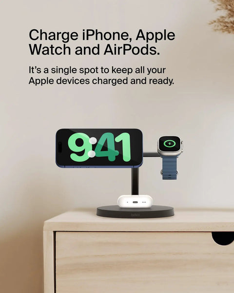MagSafe Compatible 3 In 1 Wireless Charging Station For iPhone 17 Series, Apple Watch And AirPods With Qi2 15W Fast Charge, docked on table