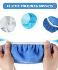 Hands holding blue microfiber bonnet, part of 20 Piece Car Orbital Buffer Polisher Pad Bonnet Microfiber Cover For Seven To Eight Inch Pads
