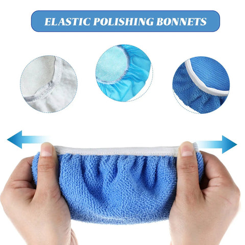 Hands holding blue microfiber bonnet, part of 20 Piece Car Orbital Buffer Polisher Pad Bonnet Microfiber Cover For Seven To Eight Inch Pads