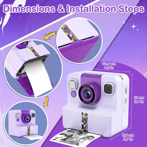 Kids Instant Print Camera for Creative Selfies and DIY Photos, purple inkless camera printer, 10.6 x 13 x 6.8 cm