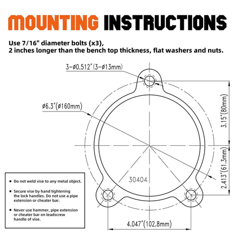Mounting instructions for Beefy 4 Inch Ductile Iron Bench Vise With 360 Degree Swivel Base and Channel Steel Guide Bar.
