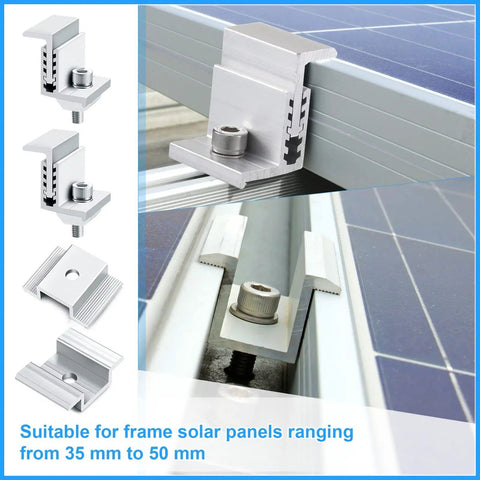 Aluminum Solar Panel Mid Clamps and Adjustable End Clamps With Mounting Brackets, 1.06 Inch Size, Fits 32–50 mm Rails, 28-Piece Set