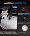 Heavy Duty 31 Piece Coolant Pressure Tester Kit With 23 Radiator Adapters And Blue Pump Gauge Vacuum Refill Tool showing gauges with pressure and thermometer.
