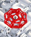 Red Cast Iron Valve Hand Wheel Set, 10 Pack, heavy-duty shutoff handles with decorative metal accents, flat bottom design.