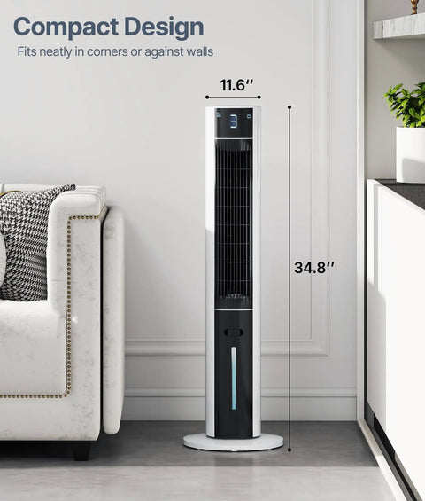 Evaporative Air Cooler Tower Fan For Bedroom, 38 Inch Portable Swamp Cooler With 3L Water Tank, Ice Packs, Remote, 3 Speeds, Quiet Energy Saving Breeze in modern living room corner