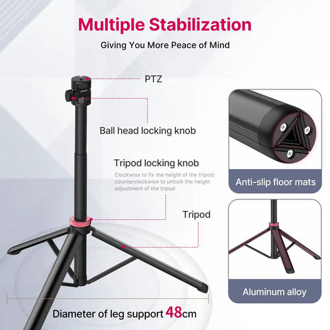 Extendable 81 Inch Photography Light Stand With 360 Degree Ball Head And One Quarter Inch Screw, showing tripod features