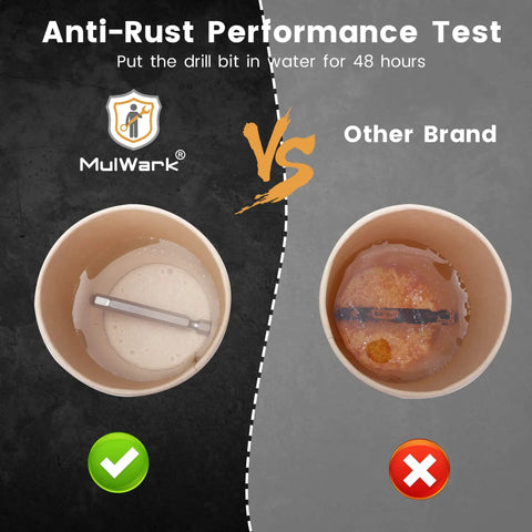 Comparison of anti-rust performance between MulWark drill bit and another brand after 48 hours in water.