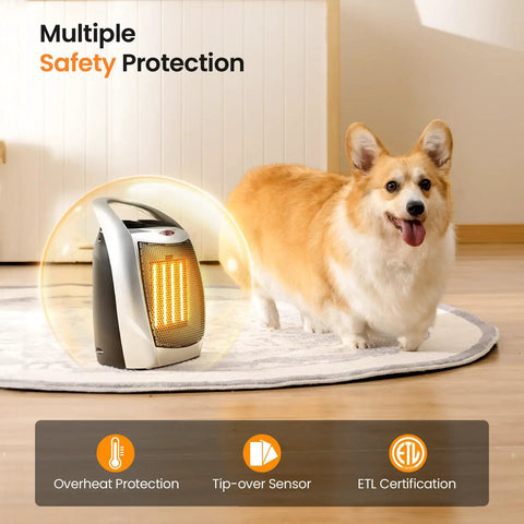Compact Ceramic Space Heater with Adjustable Thermostat And Overheat Protection, portable with ETL listed safety.