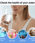 Woman drinking water with diagram showing uses for 16 In 1 Home Water Test Strips Kit For Tap And Well Water Detect Lead Iron Manganese