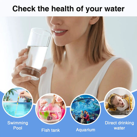 Woman drinking water with diagram showing uses for 16 In 1 Home Water Test Strips Kit For Tap And Well Water Detect Lead Iron Manganese