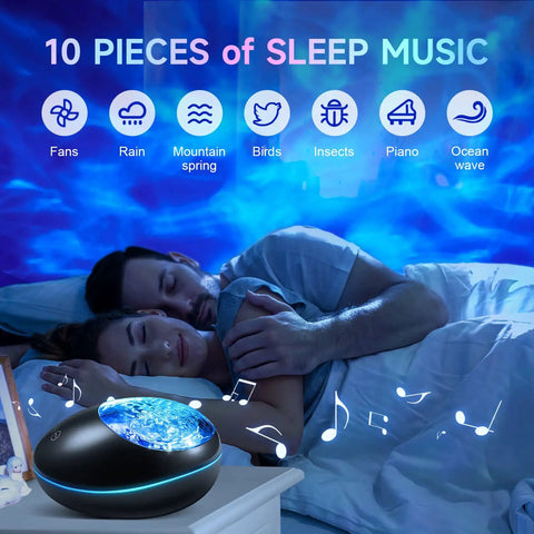 Lit 5 In 1 Galaxy Projector For Bedroom With Bluetooth Speaker, projecting ocean wave effect in a bedroom with sleeping couple