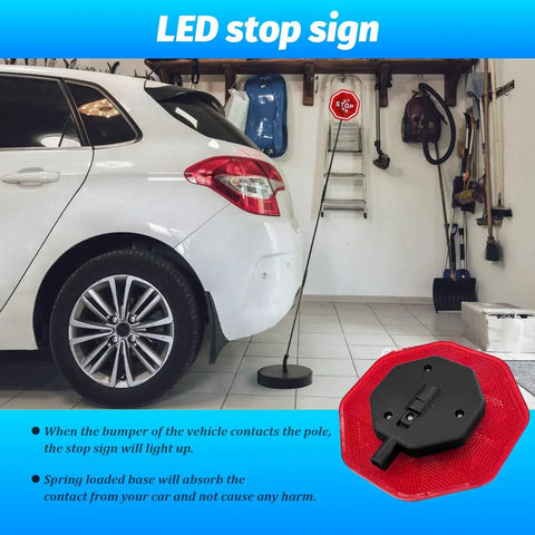 Heavy Duty Led Car Parking Stop Sign With Bright Flashing Warning Light And Rugged Abs Housing showing parked car in garage.