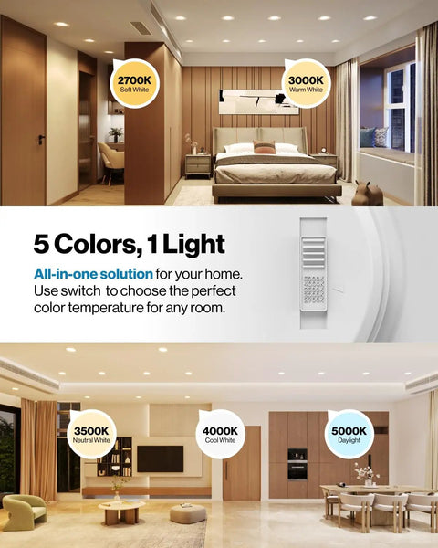 Top Tier 4 Pack 6 Inch Retrofit Led Recessed Can Lights, 5Cct Adjustable, 13W Bright Bulbs Dropping A Sweet 2750K Ambiance Over Your Space, showing various color temperatures in a modern living space.