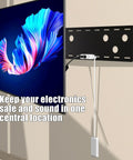 Hassle Free 3 Foot Flat Plug Extension Cord Power Strip With Three Upward Outlets Low Profile Design behind mounted TV for clean cable management.