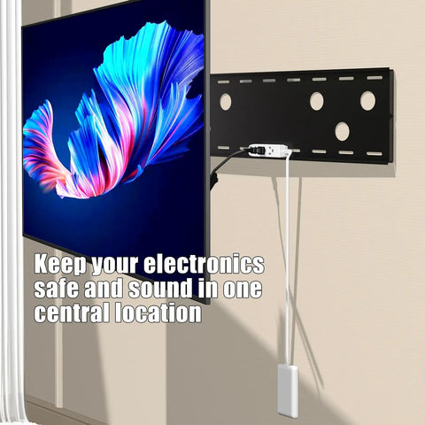 Hassle Free 3 Foot Flat Plug Extension Cord Power Strip With Three Upward Outlets Low Profile Design behind mounted TV for clean cable management.