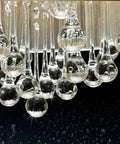 Flush Mounted Luxury Contemporary Drum Ceiling Chandelier Light Fixture With Cylinder Lamp Shade For Bedroom Dope Silver Crystal Rain Drop Decor close-up of clear crystal rain drop details