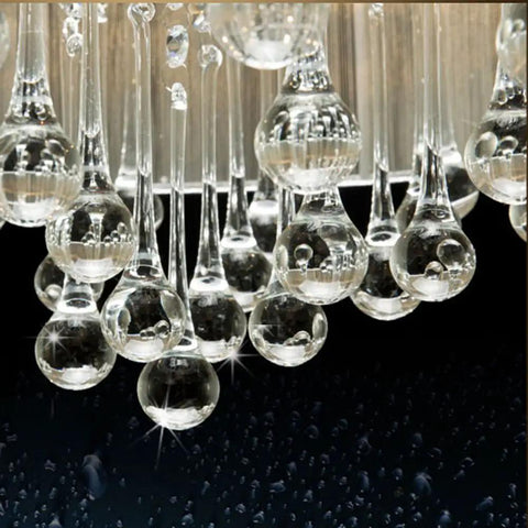 Flush Mounted Luxury Contemporary Drum Ceiling Chandelier Light Fixture With Cylinder Lamp Shade For Bedroom Dope Silver Crystal Rain Drop Decor close-up of clear crystal rain drop details