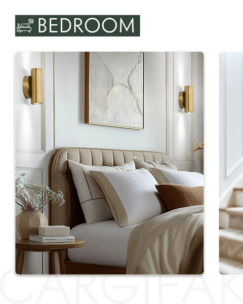 Bedroom with modern brass gold 2 light up and down wall sconce on both sides of bed, durable metal wall lamp with anti-corrosion finish