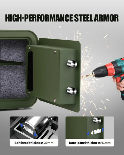 Drill test on Built Tough Steel Safe With Keypad, 1.0 Cu Ft Personal Security Lock Box, green, showing steel armor thickness.