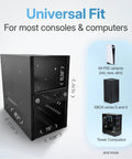 Rock Solid Gaming Console Security Enclosure And Tower Computer Lock Box showing universal fit for various consoles and computers dimensions.