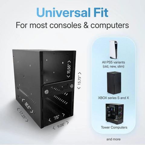 Rock Solid Gaming Console Security Enclosure And Tower Computer Lock Box showing universal fit for various consoles and computers dimensions.